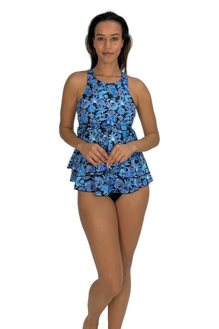 Swimwear * | Fit4U Fit 4U Hi Neck 2 Tier Top With Ruffle Bliss Blue